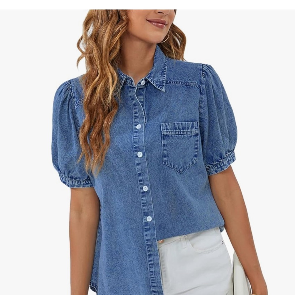 M Casual Blue Denim Button-Down Shirt top Oxford travel medium lt blue chambray